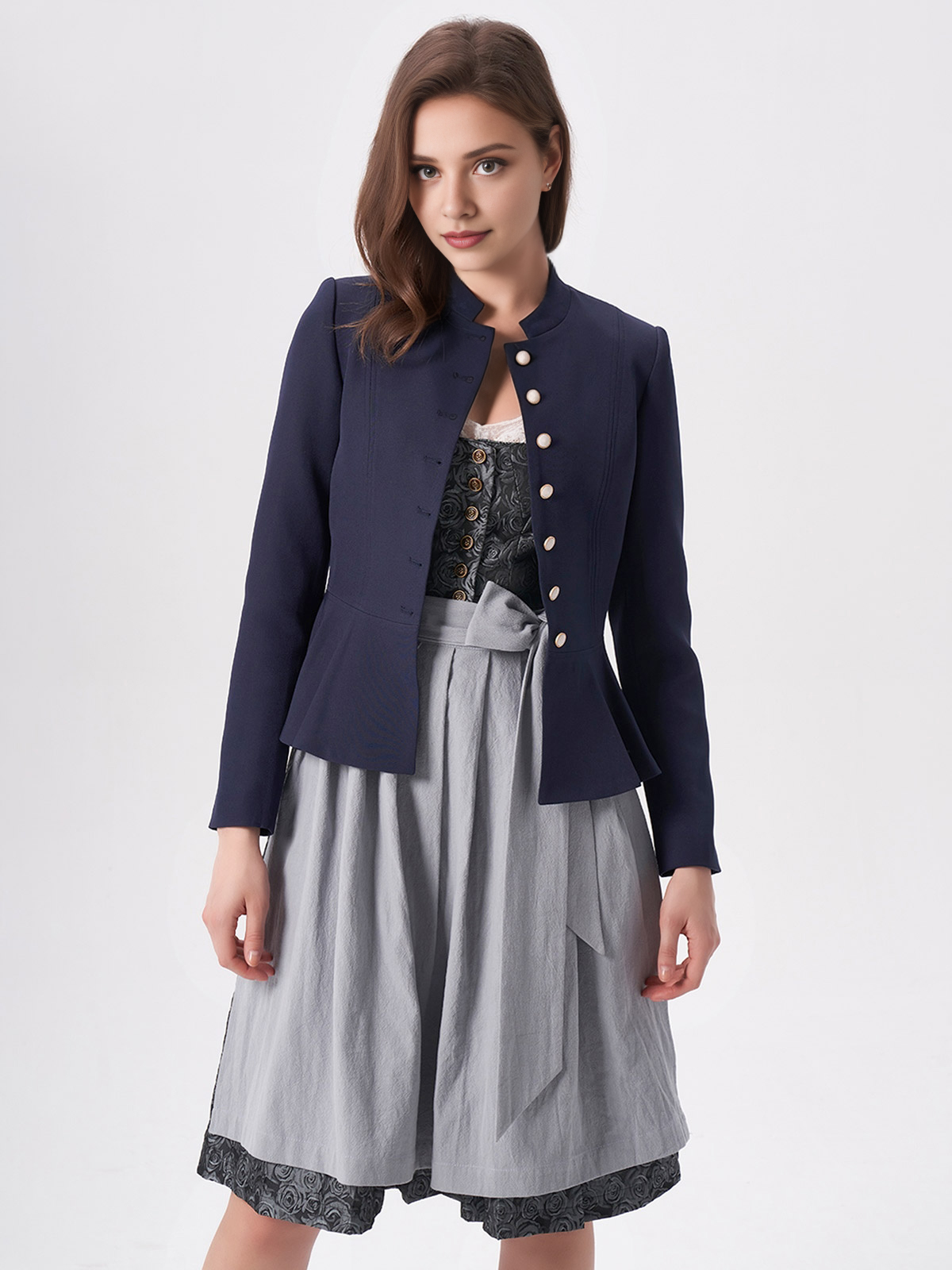 Dirndlbluse langarm schwarz in marinem Blau